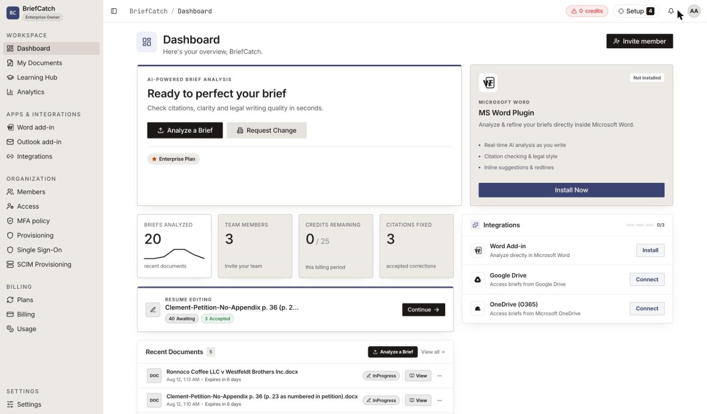 The BriefCatch dashboard after onboarding, with an Analyze a Brief call to action, counters for briefs analyzed and credits remaining, a card to resume editing the last document, a recent-documents list, and a side panel offering the Word add-in and drive connections