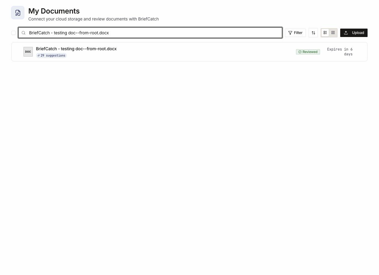 The BriefCatch document library listing an uploaded brief with its review status, suggestion count, and expiration