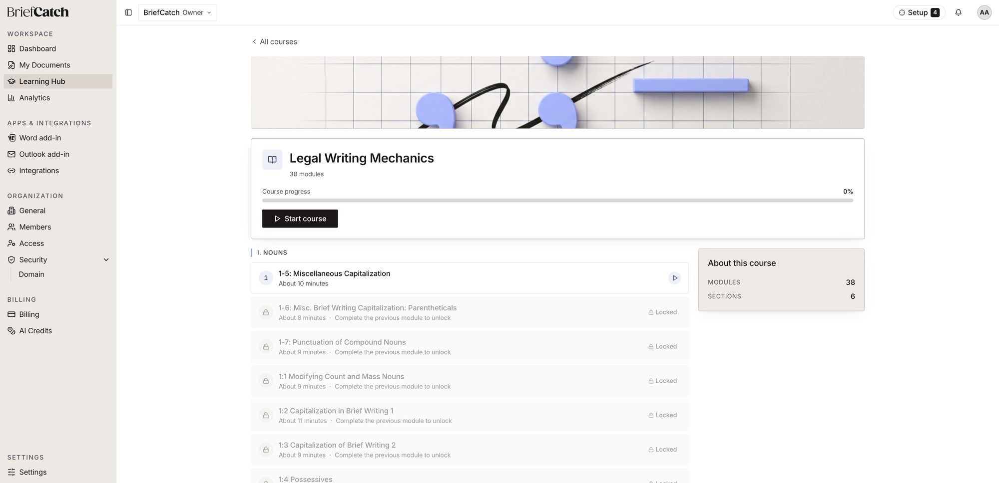 A course detail page showing modules grouped under a section heading, the current module unlocked and the rest marked Locked with Complete the previous module to unlock, plus an About this course panel with module and section counts