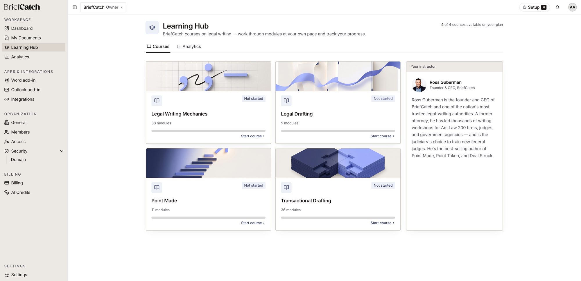 The Learning Hub page listing four courses — Legal Writing Mechanics, Legal Drafting, Point Made, and Transactional Drafting — each with a module count, a course-progress bar, and a Start course link, next to an instructor card for Ross Guberman
