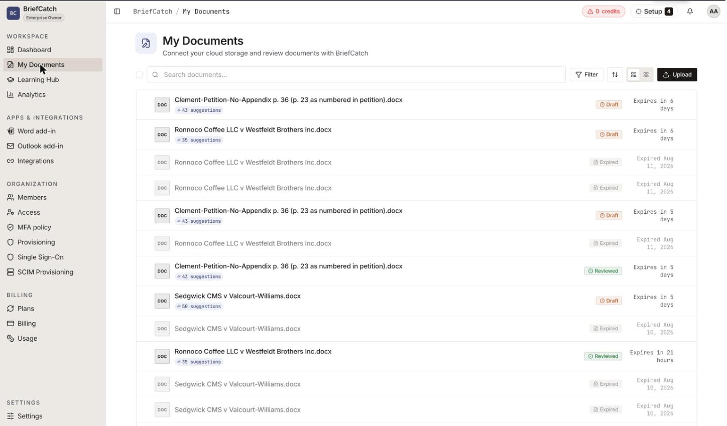The My Documents list showing several uploaded briefs, each with a Draft, Reviewed, or Expired status, a suggestion count, and how long the stored copy has left