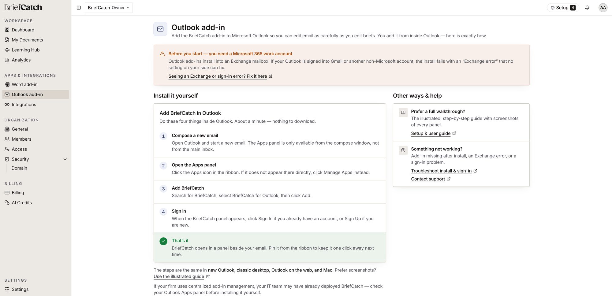 The Outlook add-in page with a Microsoft 365 work account warning, and a numbered four-step flow: compose a new email, open the Apps panel, add BriefCatch, and sign in