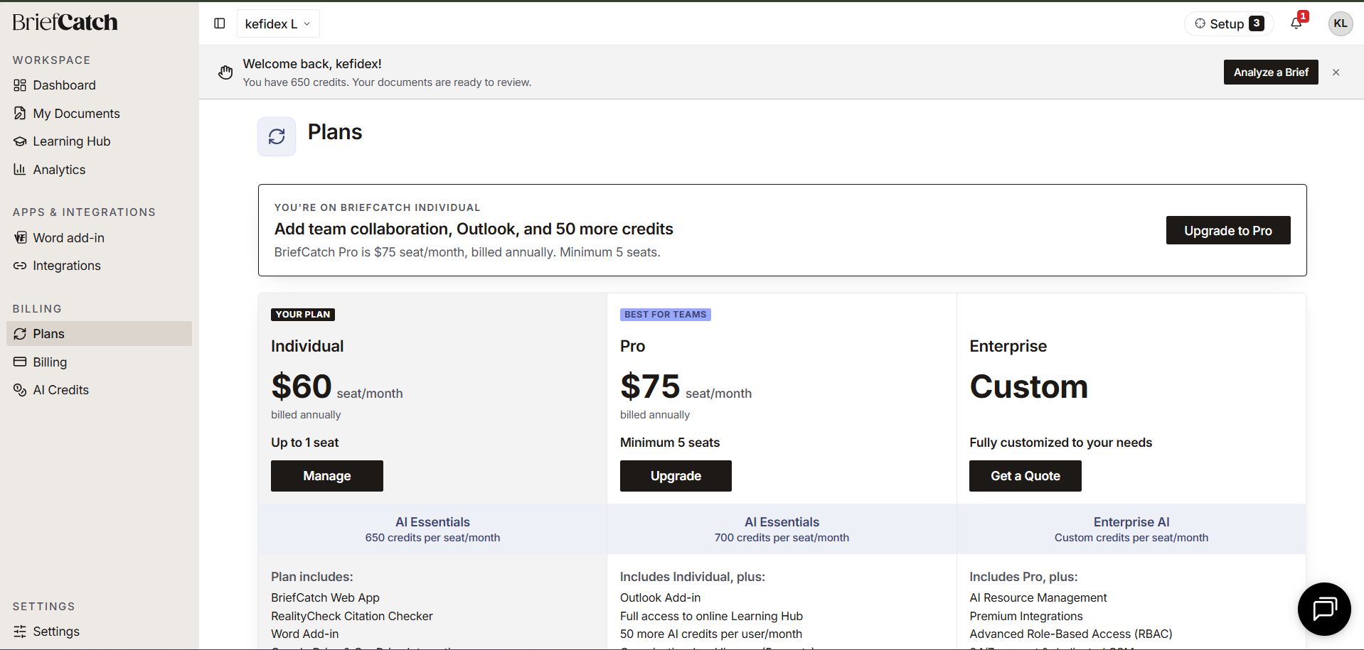The Plans screen showing an upgrade banner for Pro, then three plan cards — Individual marked Your plan with a Manage action, Pro marked Best for teams with a seat minimum and an Upgrade action, and Enterprise priced Custom with a Get a Quote action — each with its monthly credit allowance and included features