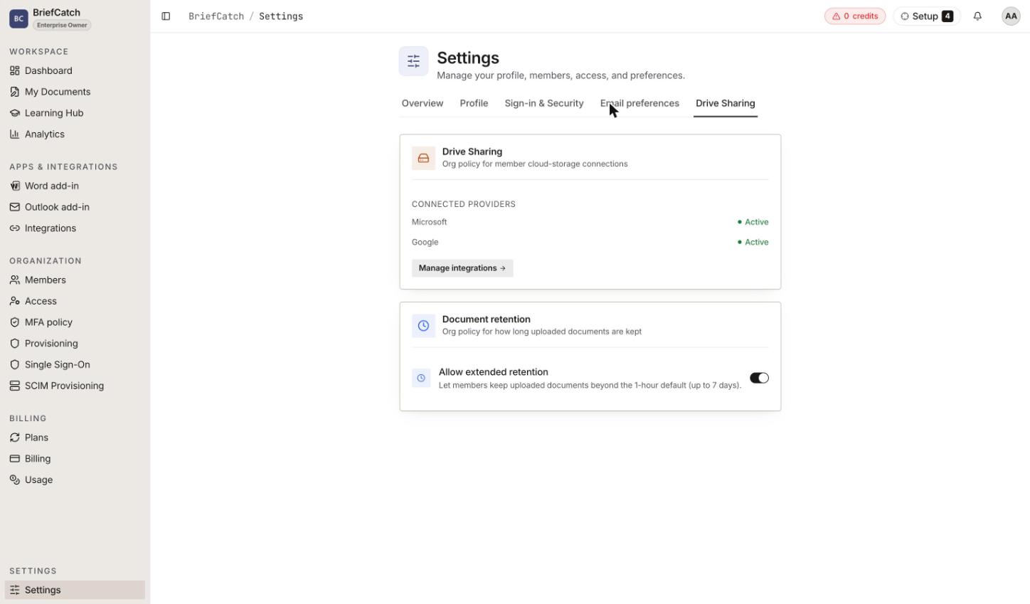 The Drive Sharing tab of Settings, listing Microsoft and Google as active connected providers above a document-retention policy toggle for extended retention